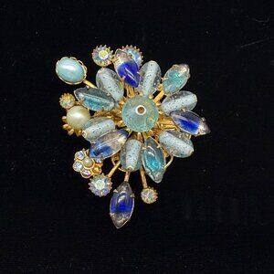 Vtg Beau Jewels Judy Lee Art Glass Givre Brooch Pin Spray Swedge Blue Teal NOTE*